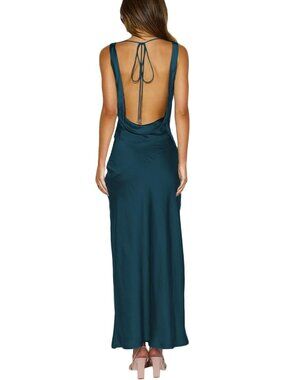 Women's Deep Green Cowl Neck Summer Satin Backless Sleeveless Elegant Maxi Dress